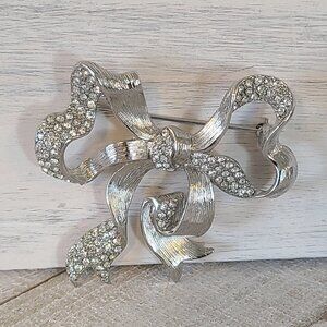 Vintage Monet Ribbon Bow Brooch Pin Rhinestone Silver Tone